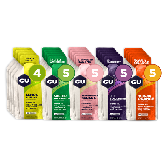 Fruity Flavor energy gel mixed box - 4 lemon sublime, 5 salted watermelon, 5 strawberry bananas, 5 jet blackberries, 5 mandarin oranges