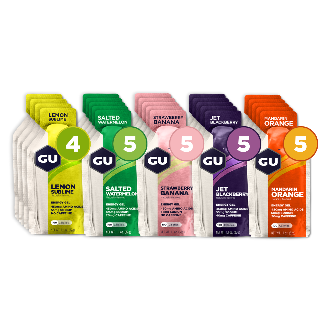 Fruity Flavor energy gel mixed box - 4 lemon sublime, 5 salted watermelon, 5 strawberry bananas, 5 jet blackberries, 5 mandarin oranges