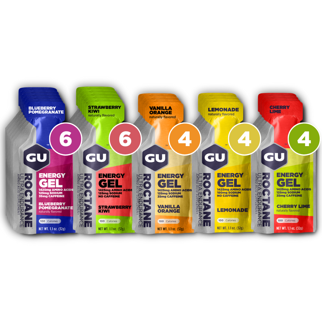 Roctane Energy Gel Mixed Pack - 6 Blueberry Pomegrantes, 6 strawberry kiwis, 4 vanilla oranges, 4 lemonades, 4 cherry limes